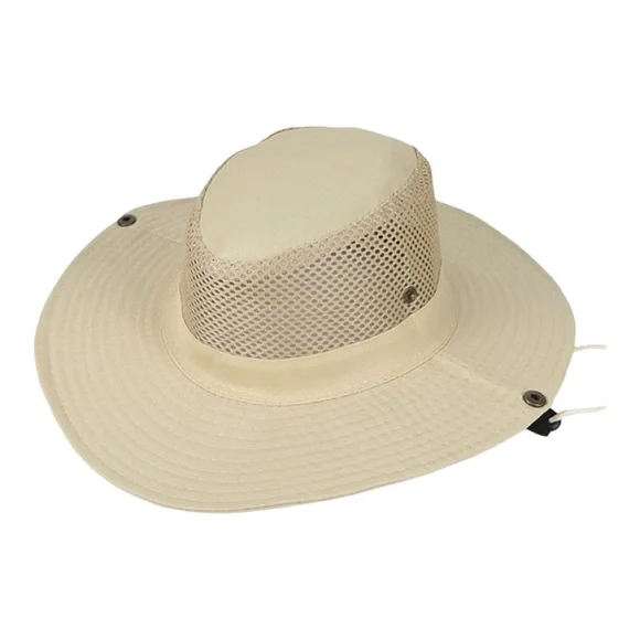 Beige Wide-Brim Outdoor Hat – Mesh Ventilation & Chin Strap - Picture 4 of 10